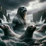 DALL·E 2023 10 21 20.27.32 Photo in 4k resolution capturing a dramatic scene of Selkies from Celtic mythology emerging from the sea. The Selkies depicted as both male and femal